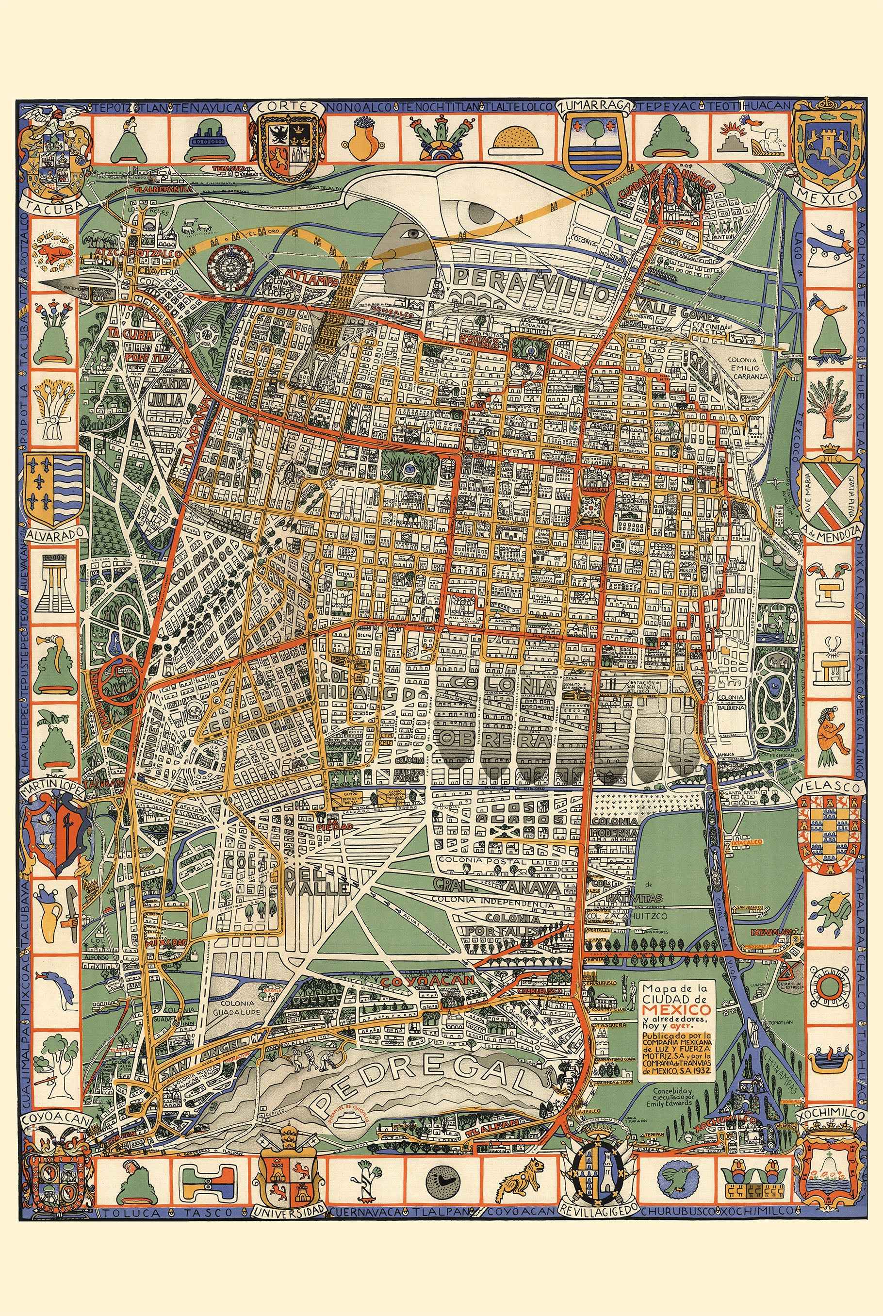 1932 Mexico City Map Poster - Decorative Pictorial Plan with Aztec Symbols - Strategy Maps